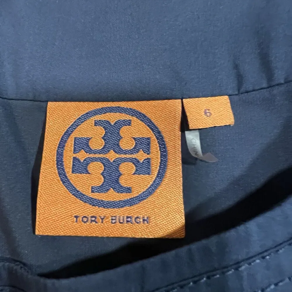 Tory Burch Navy Blue Cotton Blend Sheath Dress Short Sleeve Logo Zipper Size 6